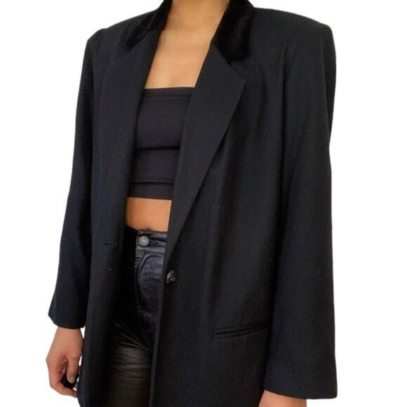 VTG 80s SAG HARBOR 100% Wool Velvet Collar Boyfriend Blazer in Solid Black SZ 12 - Picture 2 of 9